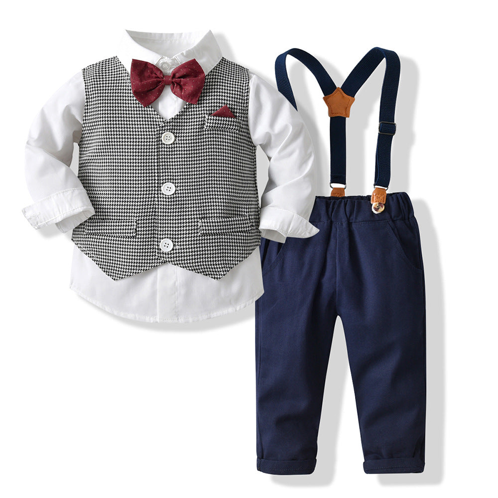 Boys' british style plaid vest, shirt, and overalls three-piece set - stylish outfit for baby boys' birthday parties and performances