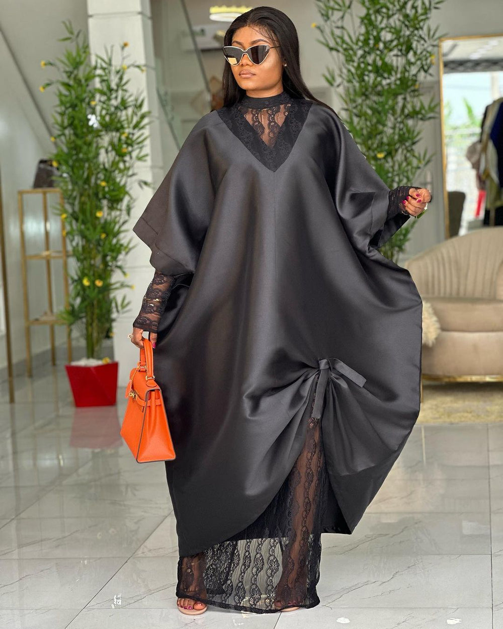 African loose robe dress suit lacedress lined with v neck bat sleeve large swing skirt bubu dress