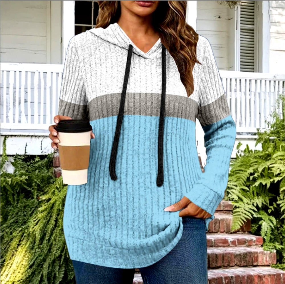 cross-border women's fashion color block warm knit pullover long sleeve hoodie top