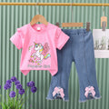 New girls' summer outfit: cartoon cute pattern short-sleeve top + bowknot denim shorts two-piece set - wholesale