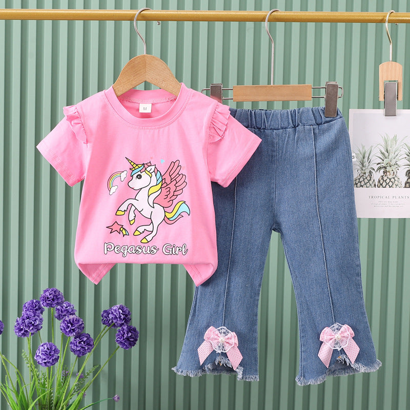 Boys' summer outfit  new arrival: baby summer clothes, flying unicorn trendy two-piece set for mid-to-large children