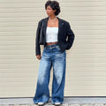 European and american women's casual jeans -  cross-border women's fashion streetwear - monkey wash wide leg casual trousers