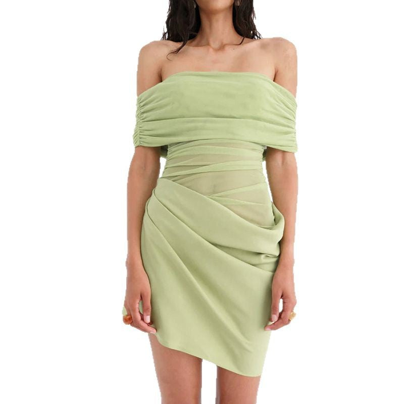 spring/summer new arrivals: european and american style sexy off-the-shoulder mesh panel cutout bodycon pleated dress