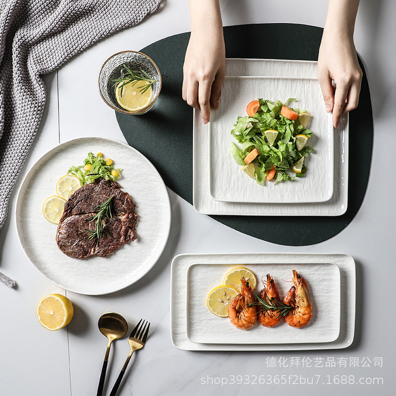 European-style embossed pure white ceramic plate, rectangular dinner plate for western cuisine, steak plate, salad bowl, hotel display plate - wholesale