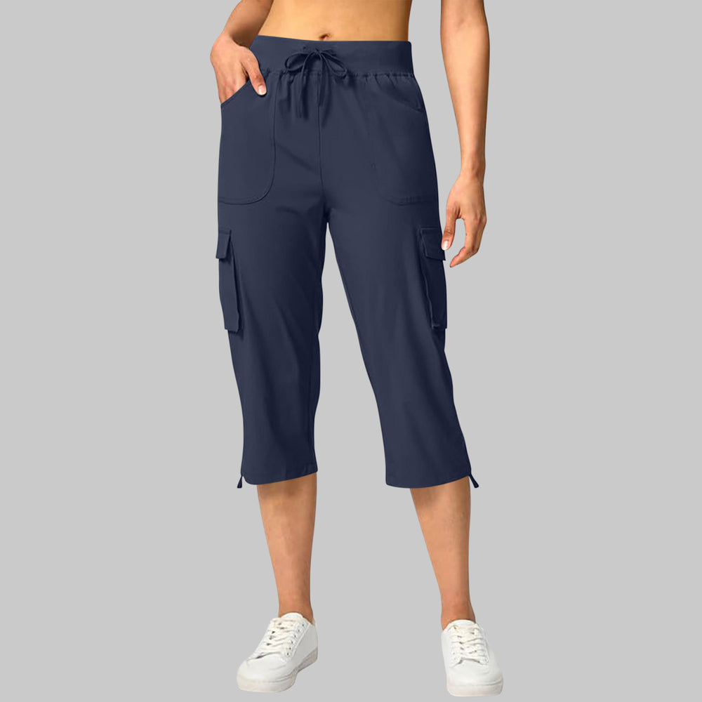 european and american cross-border summer new solid color women's elastic waist casual cargo capri pants with pockets