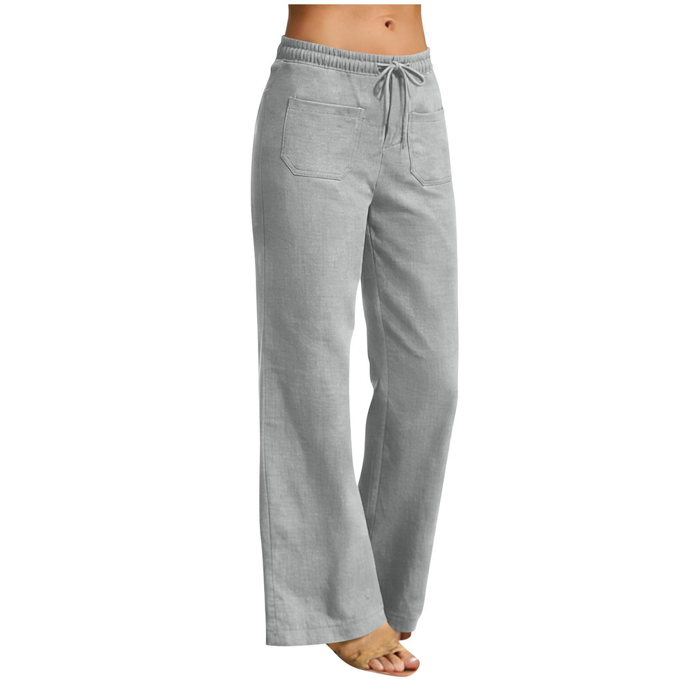 european and american cross-border women's linen-look fashion casual loose comfort solid color straight-leg pants with pockets wide-leg trousers