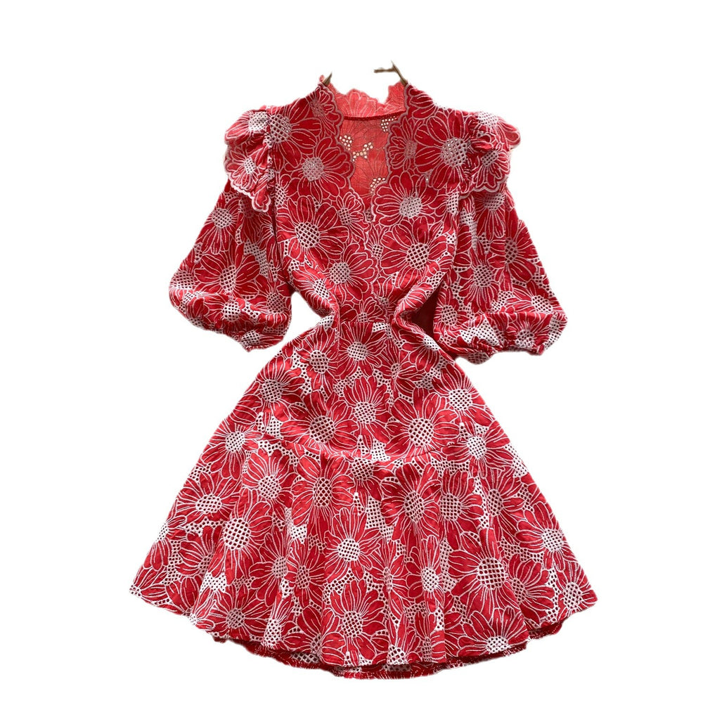 summer new arrival: french-inspired, unique, slimming v-neck lantern sleeve embroidered print cinched waist dress for women