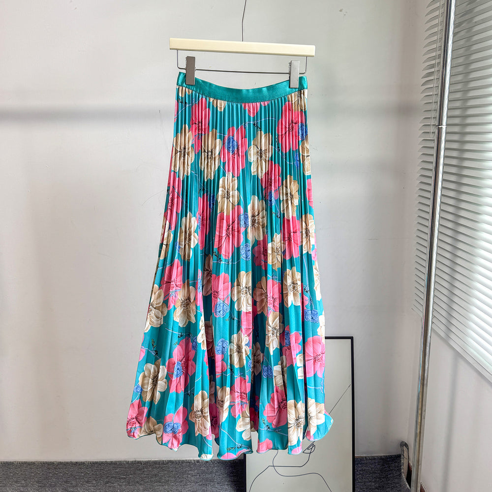 fashionretroprintingpleated elastic waist fashion skirt women's high waist a-line skirt work clothing long skirt summer