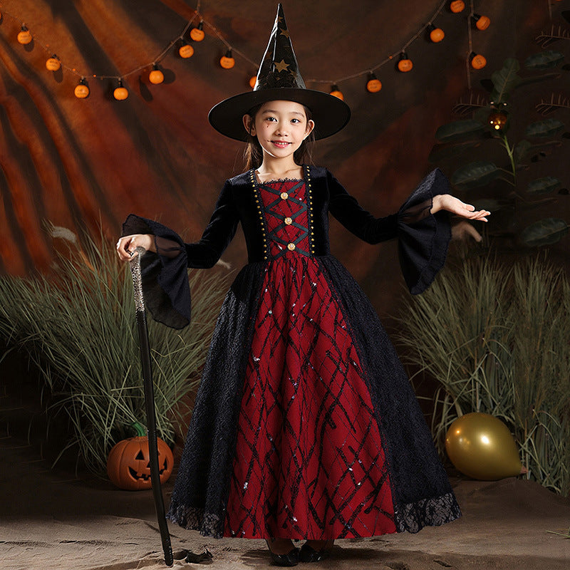 Halloween children's costume drama performance mesh witch cloak witch cross-border clothing girls' witch dress