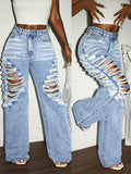 Fashion cross-border hot girl style high waist big hole wide leg jeans women's light blue washed distressed floor-length pants