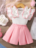 Girls' two-piece outfit: ruffle-trimmed top + solid color shorts set
