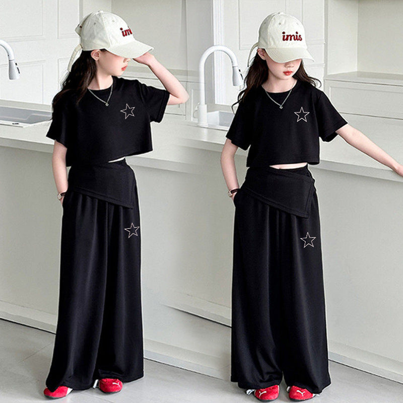 Girls' new korean style summer two-piece set: trendy, versatile, and chic - featuring irregular design and casual wide-leg pants