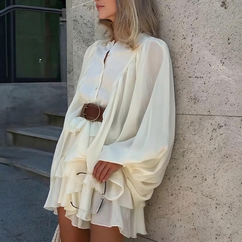 cross-border e-commerce women's fashion: european and american summer new arrivals - casual elegant solid color ruffle lantern sleeve dress