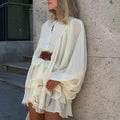cross-border e-commerce women's fashion: european and american summer new arrivals - casual elegant solid color ruffle lantern sleeve dress