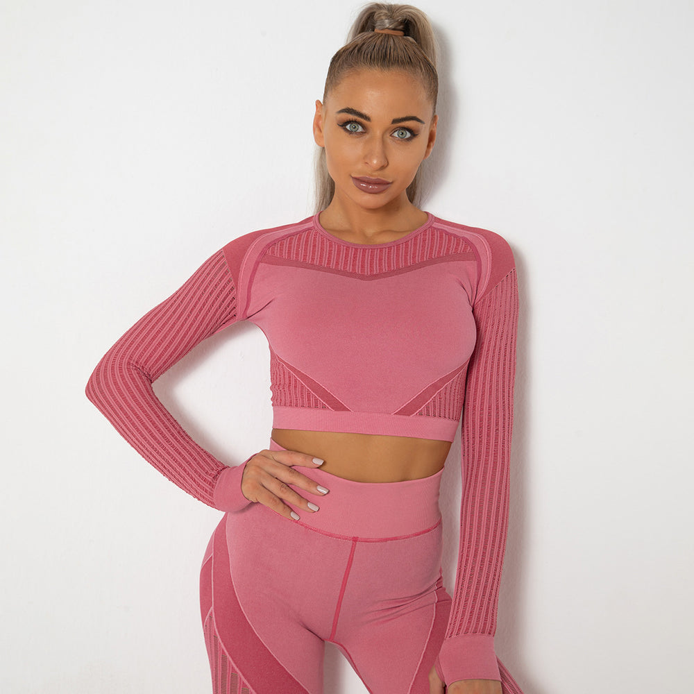 In stock! european and american influencer-approved seamless knit, sexy, moisture-wicking, long-sleeve yoga top for sports, fitness, and running