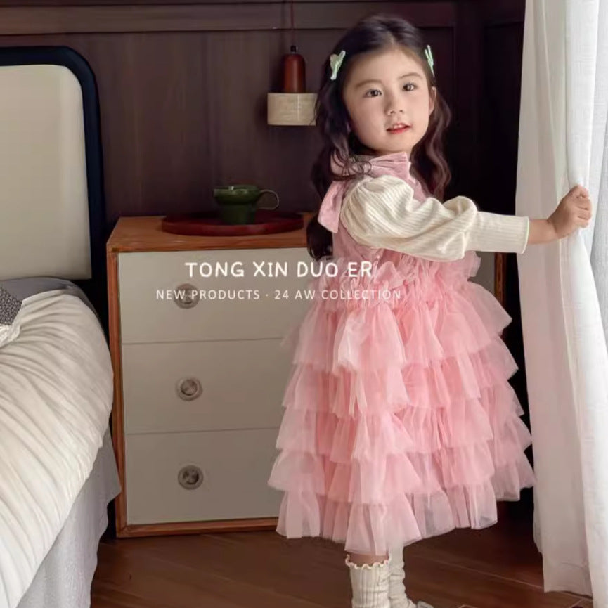 Girls' dress  autumn new arrival: ultra-fairy sequin embroidered children's tulle skirt two-piece princess dress - trendy style