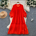European and american fashion heavy beaded lantern sleeve loose pleated dress women's  autumn casual high-end long dress