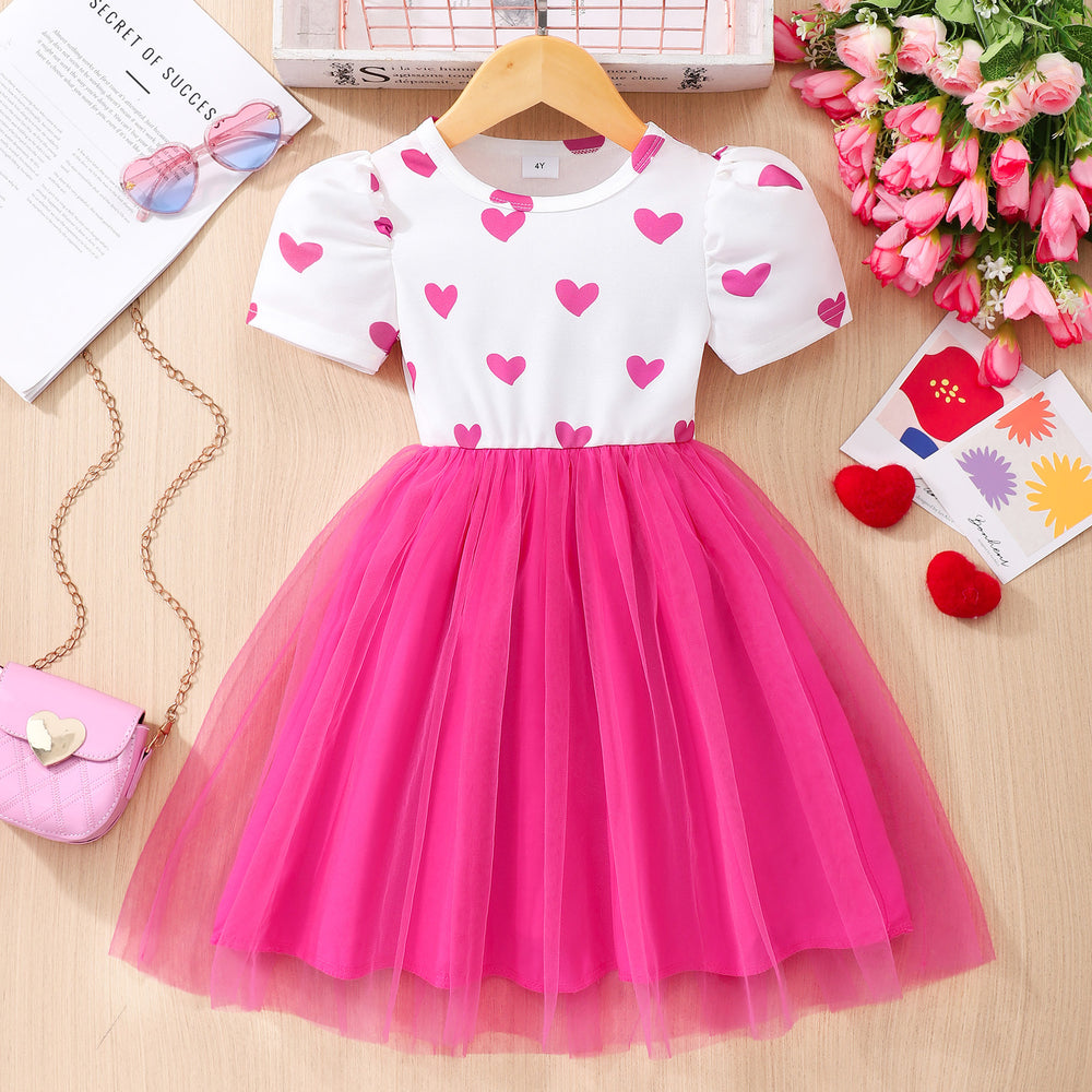 Kids' heart print short-sleeve mesh dress