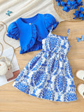 Girls' foreign trade dress set: blue lantern sleeve jacket & paisley print sundress - summer outfit for kids