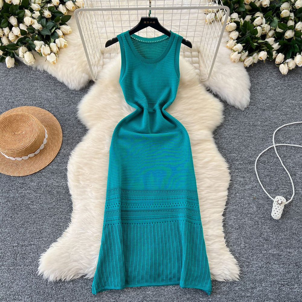 Elegant women's dress 2024 new arrival: high-end, slim-fit, sleeveless, round neck, hollow-out knit vest dress - long length