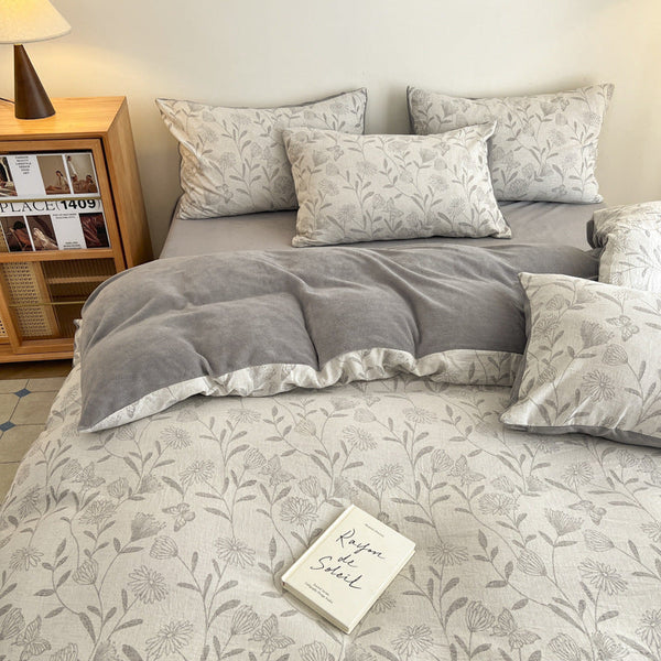 2024 new class A light luxury a-sided cotton three-layer yarn b-sided milk fleece four-piece cotton fleece thickened warm bedding