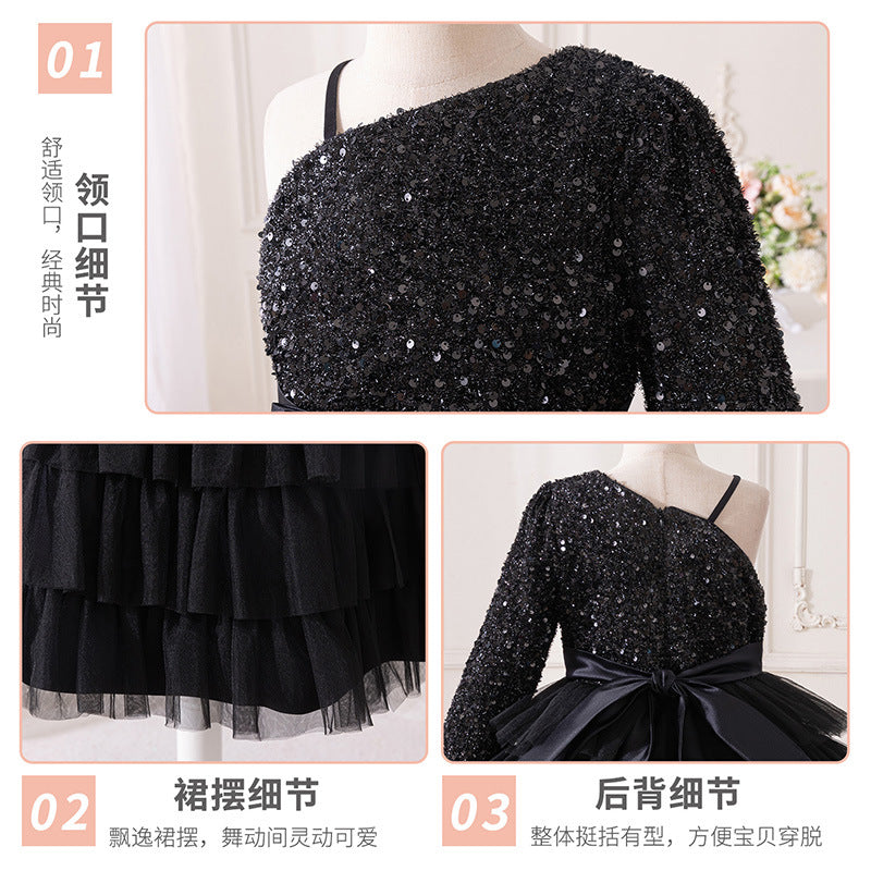 Exportfashion stylegirl dress one shoulder elegantlongsequinpatchworkkids meshaccessible luxuryniche style banquet skirt