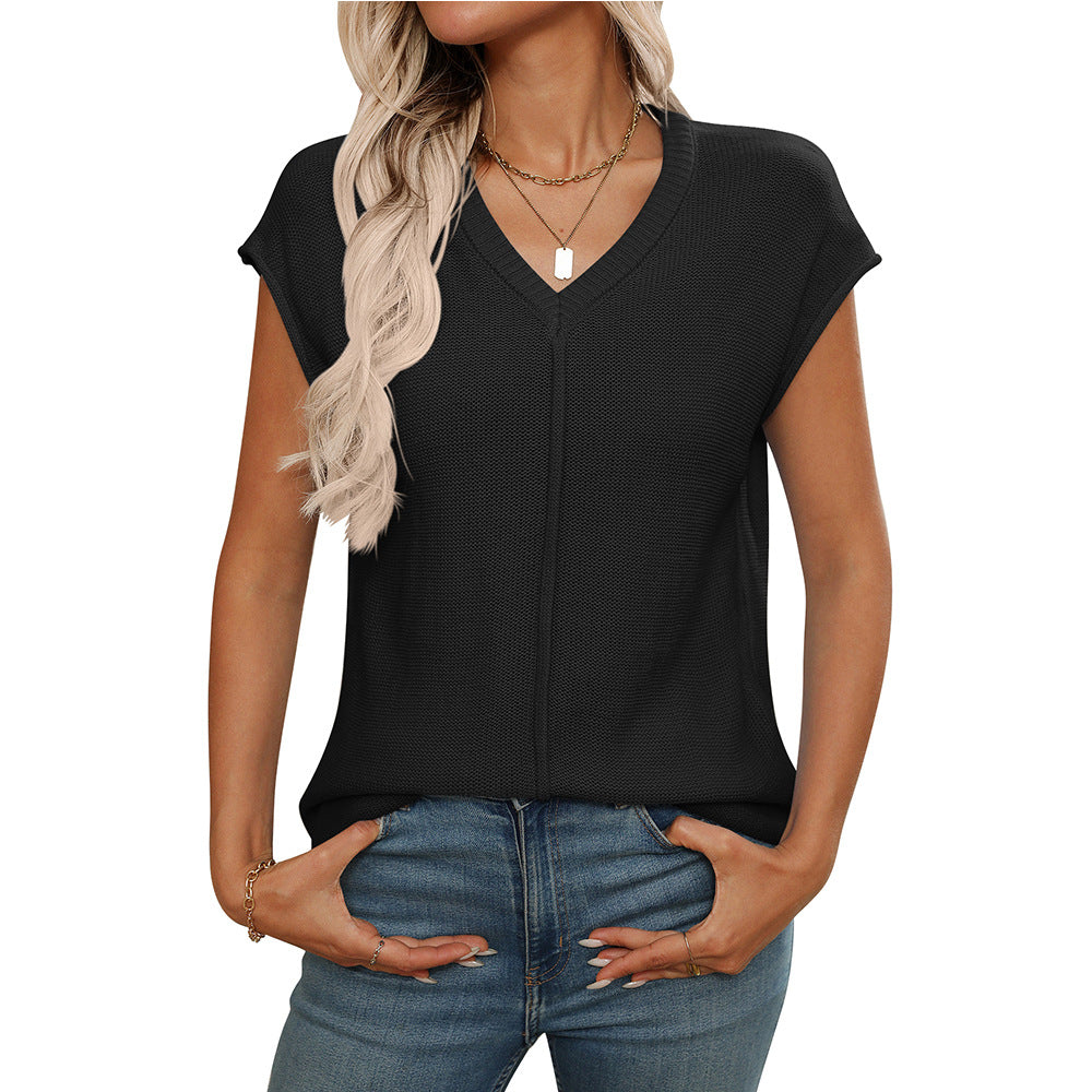 2025 summer new  European and American women's clothing  women's V-neck top knitted thick needle casual sweater
