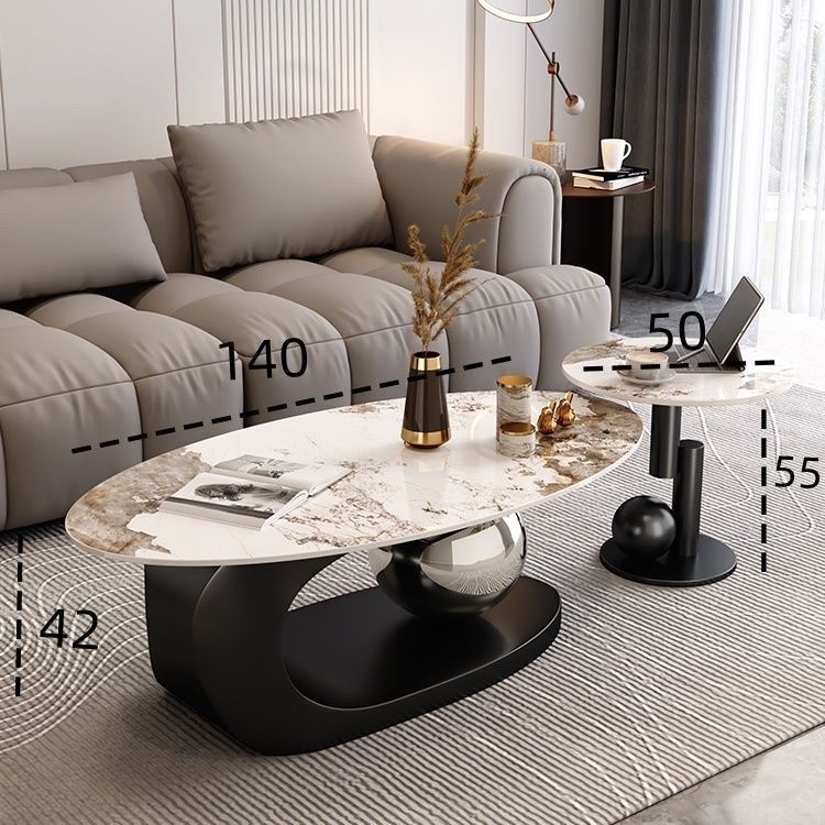 Sintered stone coffee table - italian light luxury living room home decor - oval modern small apartment black and white high-end design coffee table set