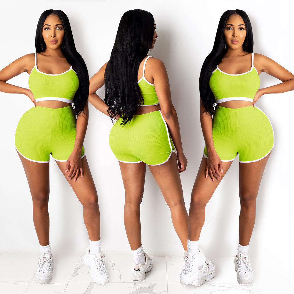 C3635 in-stock cross-border   fashion european and american women's yoga cropped tank top two-piece set