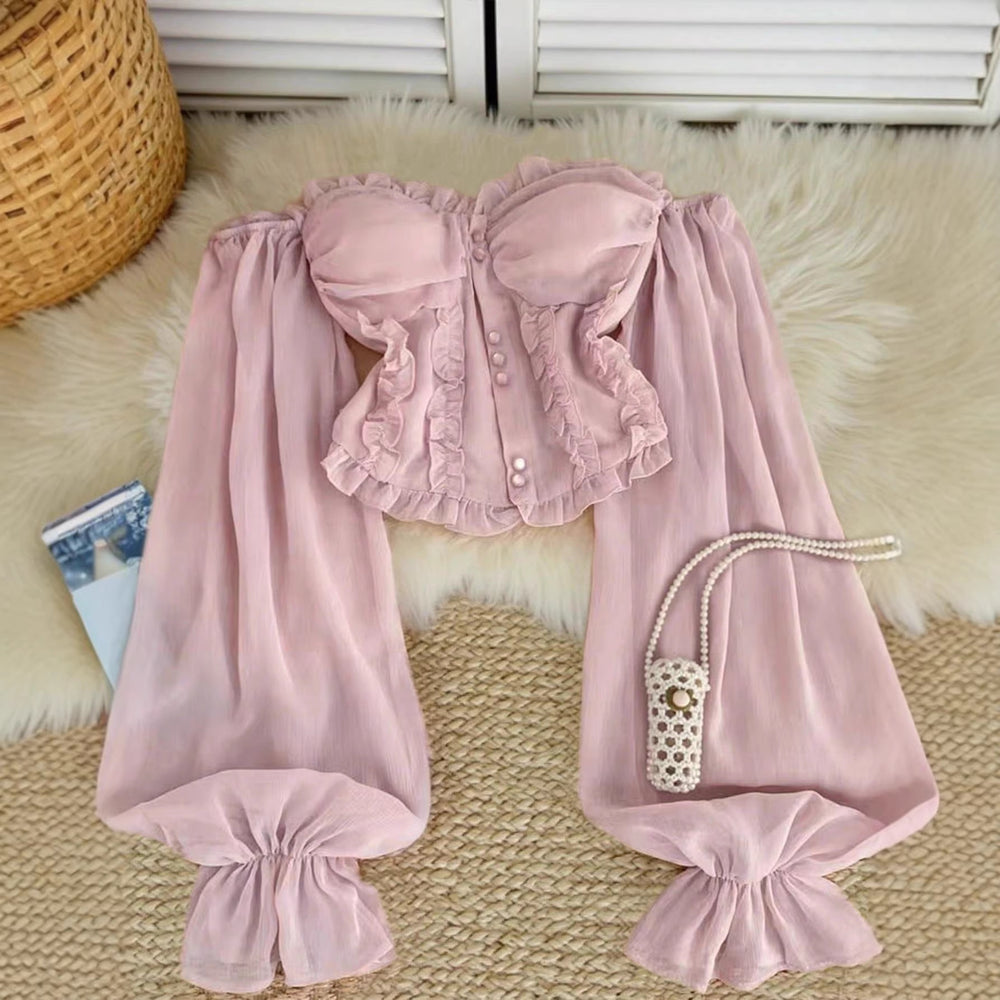 Amazon cross-border pure desire style one-shoulder ear shirt short off-shoulder waist slimming looktops short sleeve long sleeve
