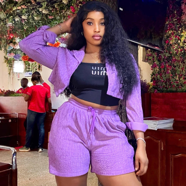 European and American women's clothing suit solid color long-sleeved lapel short shirt women's African casual shorts fashion temperament two-piece set