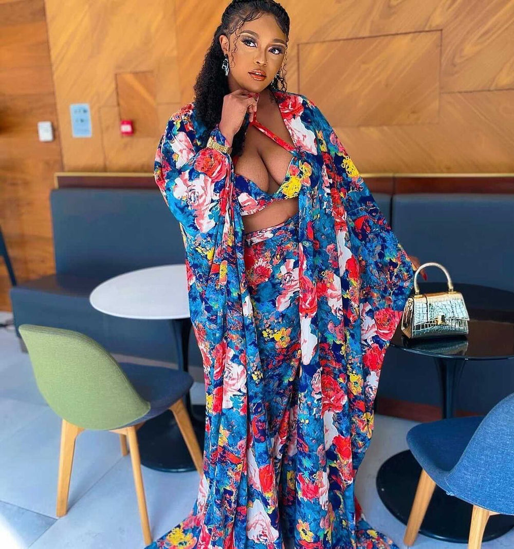 Fashionable digital print loose robe with wide-leg pants, bra, and headscarf 4-piece set - african women's clearance
