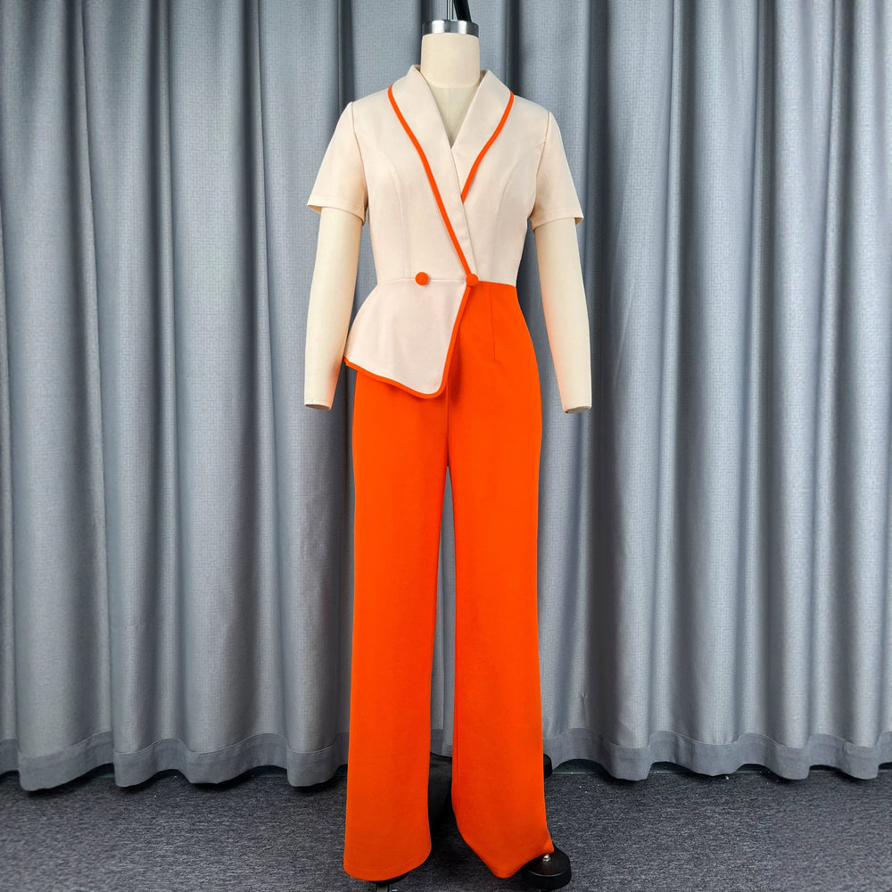 Autumnew arrivalfashion lapel jumpsuit lotus leaf hem patchworkcontrast colorslimming look jumpsuit jumpsuits