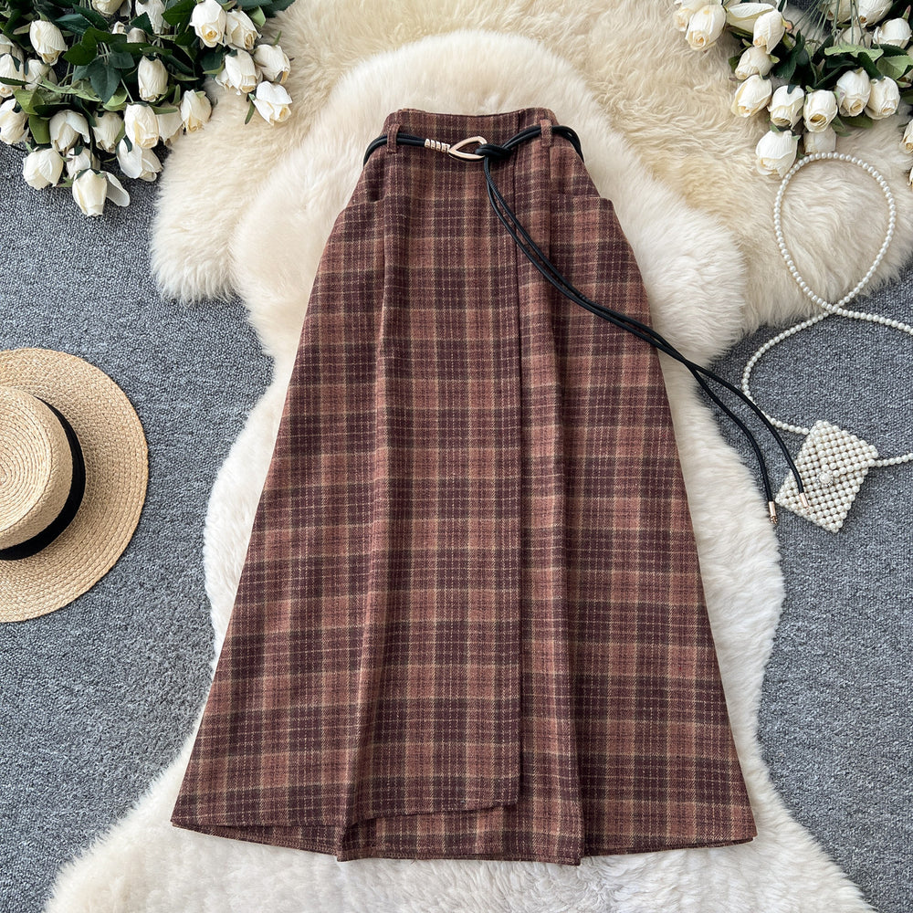 Vintage plaid patchwork a-line midi skirt - women's high-waisted, slimming, commute-friendly, elastic waist skirt - autumn  collection
