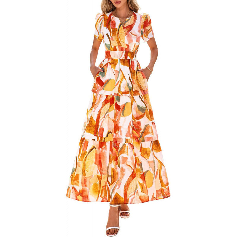 european and american retro floral short-sleeve v-neck dress - women's  summer new arrival a-line flowy vacation dress