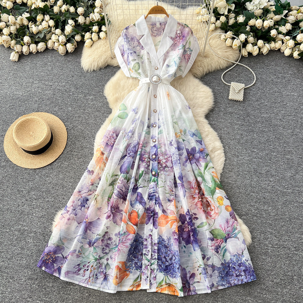 French country style printed sleeveless dress - women's summer korean high-waisted slimming a-line maxi dress - elegant commute dress