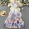 French country style printed sleeveless dress - women's summer korean high-waisted slimming a-line maxi dress - elegant commute dress