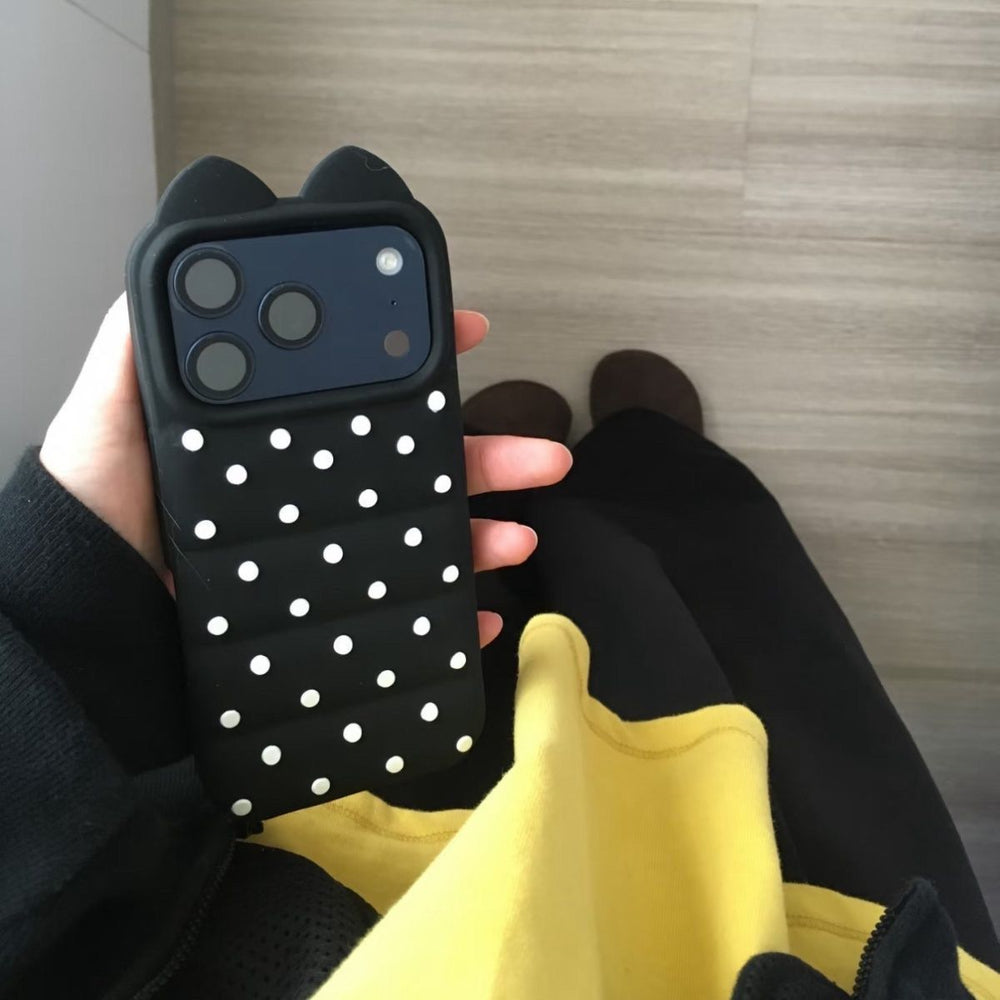 Cat ear custard polka dot puff compatible with apple 17 phone case simple soft and waxy iphone 16 side cat claw case 15