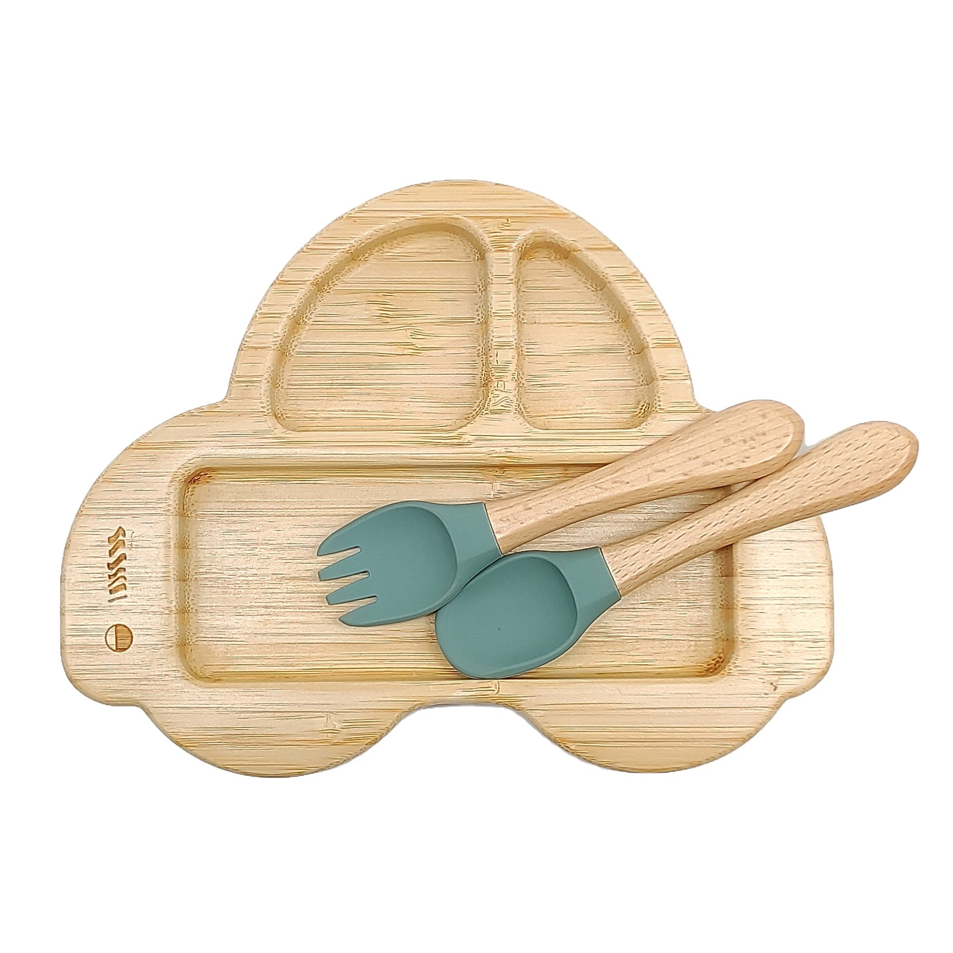 Bamboo plate set, food grade silicone fork and spoon wooden plate baby creative animal tableware set