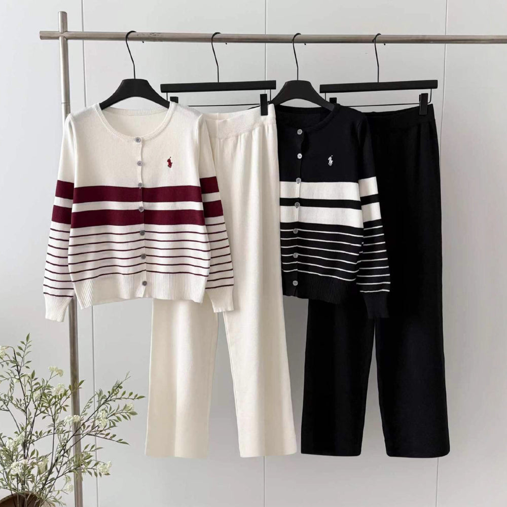 export autumn/winter new round neck color block striped long sleeve knitted cardigan wide leg pants sweater two-piece set for women