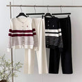 export autumn/winter new round neck color block striped long sleeve knitted cardigan wide leg pants sweater two-piece set for women