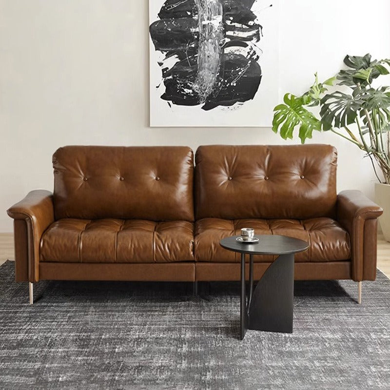 Double french straight leather sofa scandinavianretrofor home living room brown nebula longjiang sofa small apartment