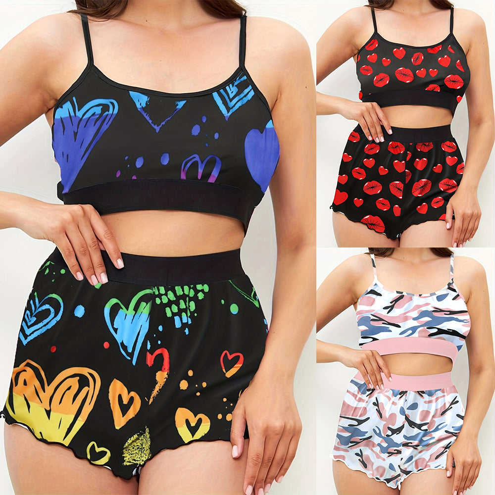 S390793 Printed Suspender Shorts Set Women