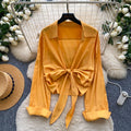 French work clothing style whiteelegantslimming looklong sleevesshirt women's summerloosebowscardigangirltops