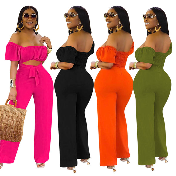 YD8214 European and American women's clothing,  solid color backless one-word shoulder one-piece casual wide-leg pants  women's clothing