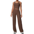 New arrival: cross-border double-sided brushed solid color breathable long wide-leg yoga outfit set - two-piece activewear for running and fitness