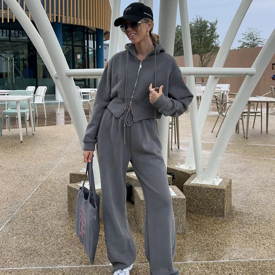 Cross-border European and American women's fashion sports suit solid color long-sleeved zipper hooded cardigan sweater casual pants two-piece set