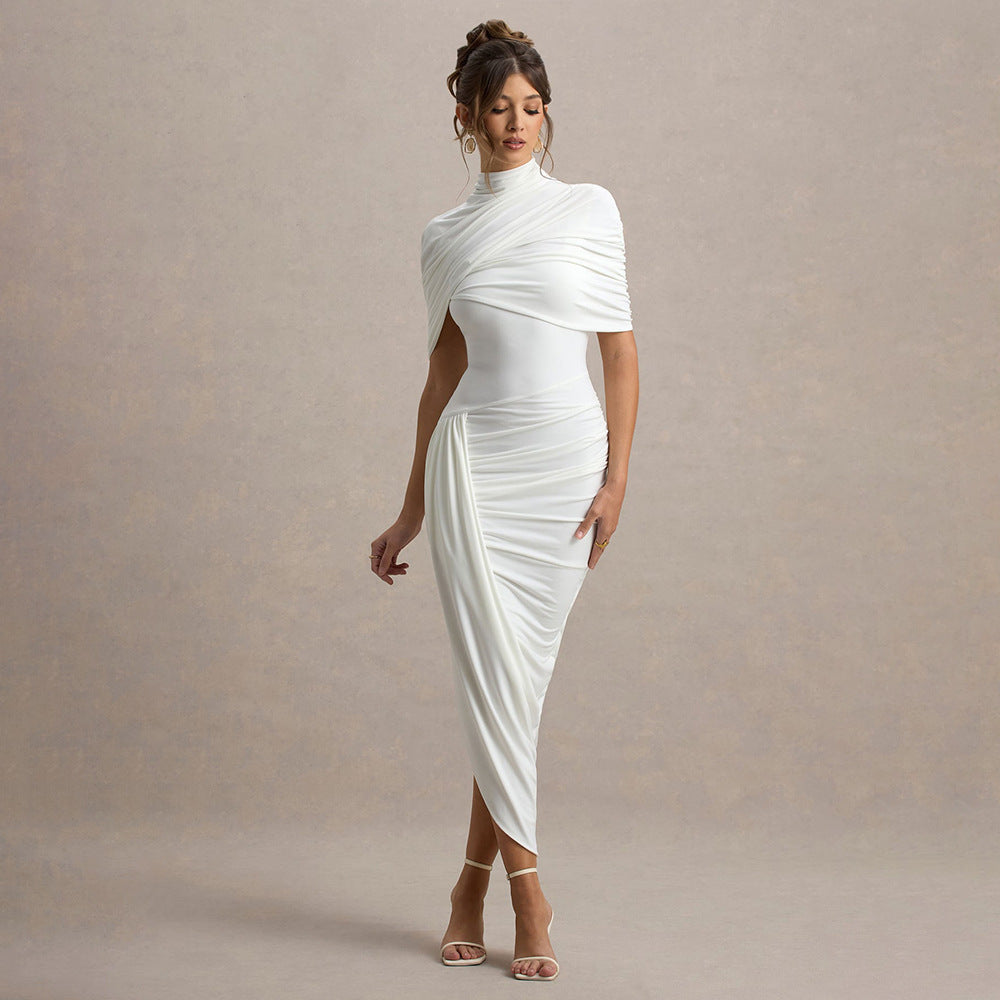 European and american women's clothing  spring new collection: solid color fashion shawl, asymmetrical ruched bodycon mini dress with open back