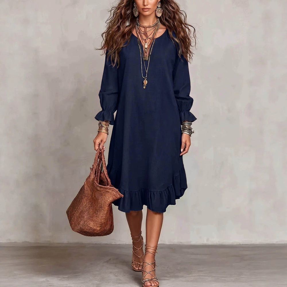Women's vacation-ready slip dress: relaxed fit, v-neck, slit hem, ruffle trim, midi length - wholesale available