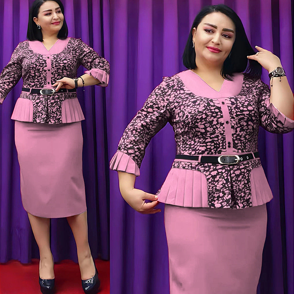 African  professional women's clothing plus size curvy tiktok cross-border foreign trade faux two-piece printed dress